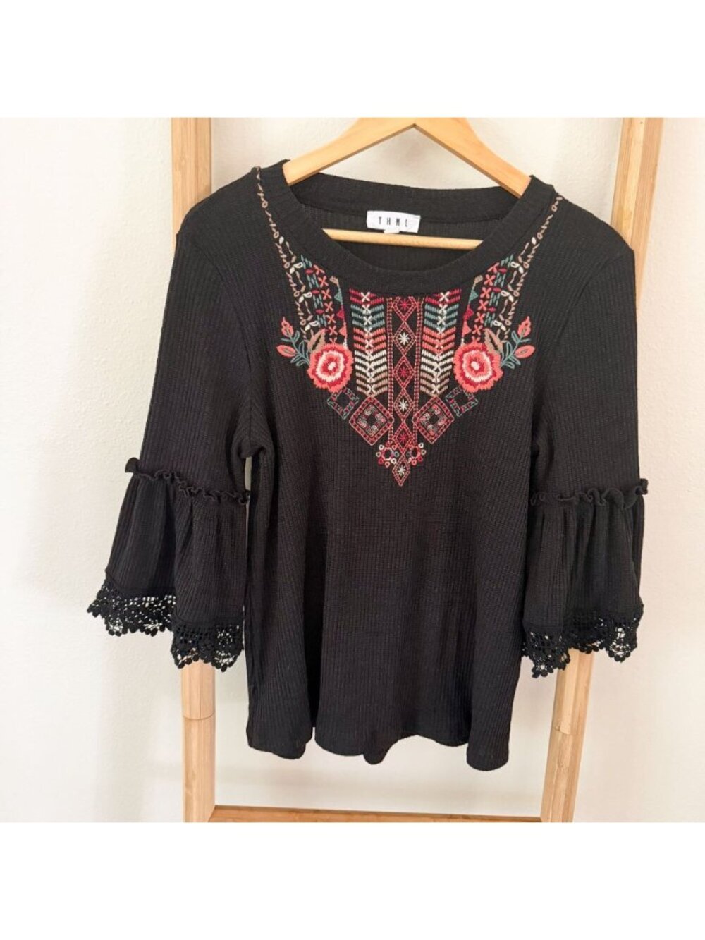 Anthropologie THML Embroidered Bell Sleeve Waffle Knit Top Black Women’s Small